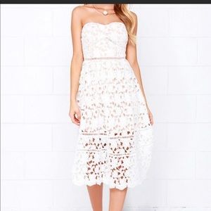 Lulus Pinnacle of Prestige Ivory Lace Strapless MIDI Dress.